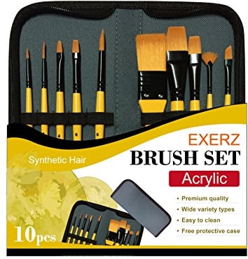 Exerz JH024 Artist Set de Pinceles – 10 Pinceles Profesionales con Cerdas de Cabello Sintético en un Estuche Viajero Usar con Acuarelas/Acrílico/Gouache/Pintura Facial