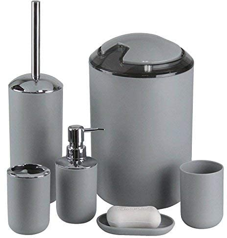 6tlg Badset Badezimmer Zubehör Set Organizer: Seifenspender, Zahnputzbecher, Kosmetikeimer, WC Bürste und Halter, Seifenschale, Mülleimer, Zahnbürstenhalter, Badgarnitur (Grau Design 3)
