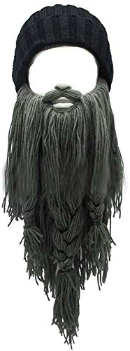 YEKEYI Wikingerbart-Mütze, Horn, Winter, warme Maske, gestrickte, lustige Kappe aus Wolle, Dgray, Einheitsgröße