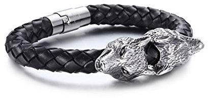 Daesar Bracelet Acier Inoxydable Bracelet Cuir et Acier Homme Tête de Loup Bracelet Simple Noir
