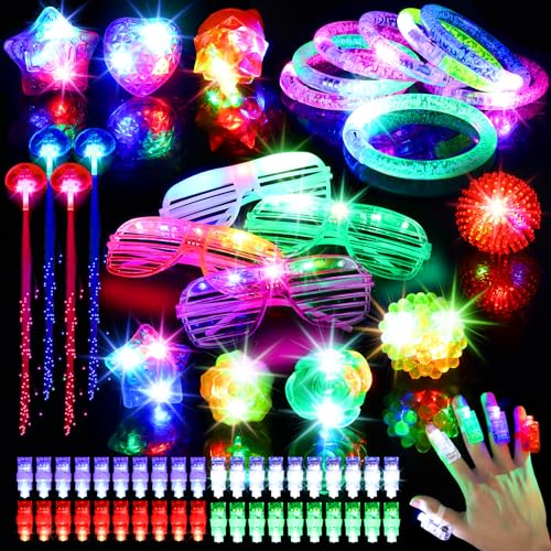 Mikulala 64PCS Licht Spielzeug Ostern Party Zubehör für Kinder Ostern Geschenke mit 40 Finger Lichter, 8 Jelly Ringe, 4 blinkende Brillen, 8 Armbänder, 4 Fiber Optic Haar Lichter