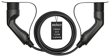Deltaco Typ 2 EV-Ladekabel für E-Autos und Hybrid Fahrzeuge, Elektroauto Charger Mennekes Kabel, Kompatibel mit ID.3, ID.4, Zoe, E-Tron, Model S/3/X/Y, Leaf, 1-phasig, 32A | 7.6kW, 3 Meter