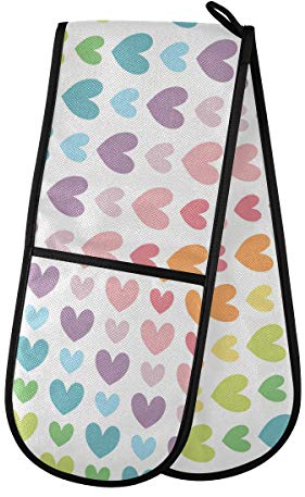 ZZXXB Rainbow Love Heart Double Oven Mitt Heat Resistant Non-Slip Kitchen Gloves Extra Long 7 x 35 for Cooking Baking Barbecue Grilling