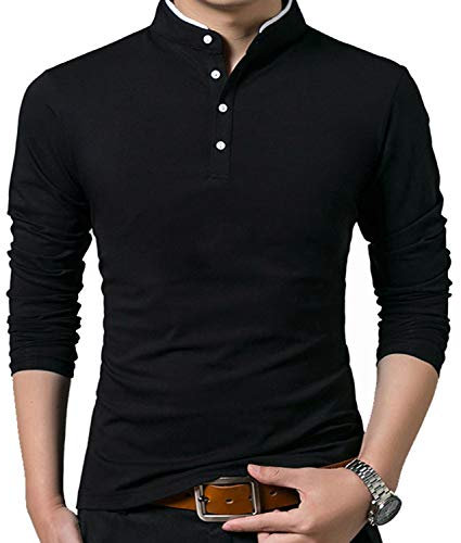 Men's Classic Comfort Soft Regular Fit Long Sleeve Polo T-Shirt Tee Basketball Football Top Solid Color V-Neck Shirts Black, L