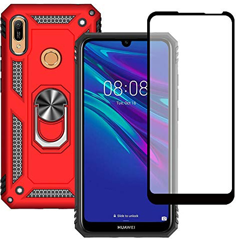 Yiakeng Hülle für Huawei Y6 2019 Handyhülle, mit Schutzfolie, Stoßfest Schutzhülle Mit Ring Standfunktion Case Cover für Huawei Y6 2019 (Rot)