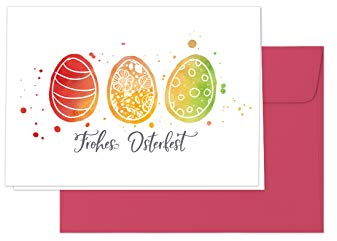 Osterkarte, Grußkarte „Frohes Osterfest“ – Klappkarte im Aquarell-Stil mit rotem Umschlag, Design: Bunte Ostereier