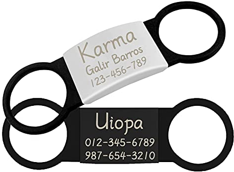 Uiopa 2pzs Chapa Perro Grabada, Chapas para Perros Personalizadas de Acero Inoxidable, Chapa Identificativa Silenciosa Placas para Perros Grabadas para Collar Gatos y Mascotas (Negra y Plata, L)