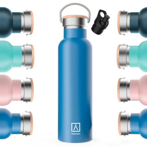 NUMADA-Botella Térmica Acero Inox 600ml Azul Estanca con Doble Pared al Vacío y Recubrimiento Cerámico. Mantiene Frío 24H y Calor 12H|Boca Ancha|Libre BPA|Incluye 2 Tapones (1 Sport)/Bolsa Transporte