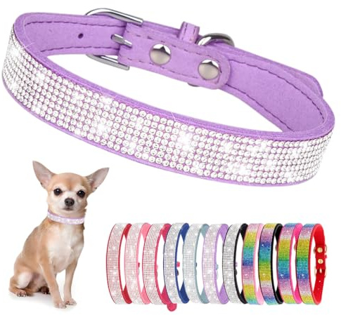 Hundehalsband Kleine Hunde, Halsband Welpe Mit Strass Perlen Glitzer Kristall Steine MäDchen Halsband Katze HüNdin Strasssteinen,Lila XS