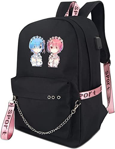 Roffatide Anime Re:ZERO -Starting Life in Another World Rem Ram Rucksack Büchertasche Laptop Schultasche mit USB-Ladeanschluss und Kopfhöreranschluss