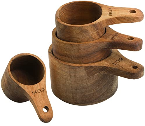 Lyellfe Set of 4 Acacia Wood Measuring Cups, Measure Tool with Handle | Stackable Kitchen Baking and Cooking Measuring Set, Handcrafted with Polish Finish, 4 Size