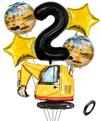Kawailay Bagger Geburtstag Deko 2 Jahre 2. Baustelle Geburtstag Deko Schwarz Zahl 2 Luftballon Bagger Folienballon Baufahrzeuge Heliumballon für Jungen Geburtstag Party