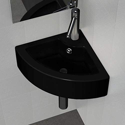 RONGQI Waschbecken mit Überlauf, Aufsatzwaschbecken, Bathroom Sink, Waschtisch, Ablaufgarnitur, Aufsatzbecken, 45 x 32 x 12,5 cm Schwarz