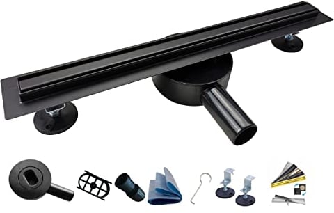 AQUA HEATING Schmaler linearer Edelstahl-Bodenablauf 20mm breit, Duschablauf 360° drehbarer Siphon Komplettset Badezimmer bodengleiche Dusche, Duschrinne Ablaufgarnitur-Set Rost 70 cm schwarz matt