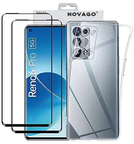 NOVAGO Compatible avec Oppo Reno 6 Pro 5G- Coque arrière Résistante Transparente + 2 Films de Protection écran vitre Verre trempé 3D incurvé