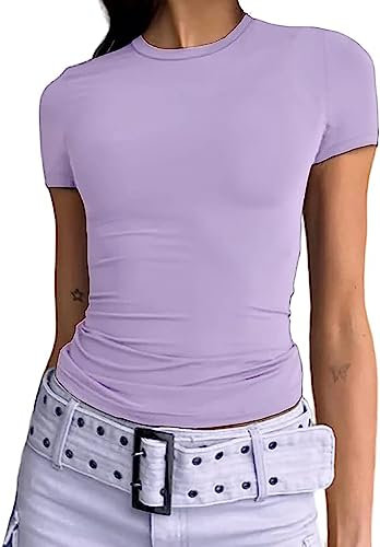 Camiseta Básica Slim Fit para Mujer Top Manga Corta Y2K Tops TikTok Influence Crop Top Club Party Streetwear(Purple-1, S)