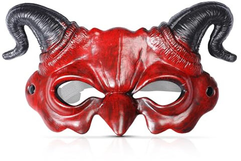 WINUSD Teufelsmaske Rot Halbgesicht - Gruseliges Teufelshorn Geist Maske für Halloween Kostüm - Dämonenmaske für Maskerade Cosplay Party