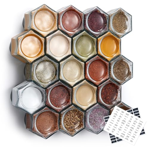 Homazing Set of 20 Large 4oz Magnetic Spice Jars for Refrigerator, Hexagon Glass With Shaker Lids and Labels for Kitchen RV Travel Trailer, Spice Containers for Fridge
