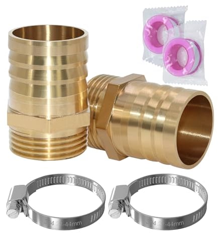 RUNYU 2 Stück Schlauchtülle 1 Zoll AG Messing Schlauchverschraubung 32 mm (1 1/4) Tülle Schlauchanschluss mit 2 Schlauchschellen und 2 Teflonband