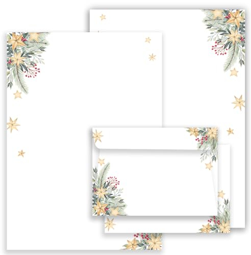 Weihnachtsbriefpapier Briefpapier/Briefumschlag Set mit grünen Zweigen und Sternen bedruckt 2 seitig A4 120 g/m² c6 80 g/m² von 10 bis 50 Blatt mit Kuvert 20 Briefpapier MIT 10 Umschlägen
