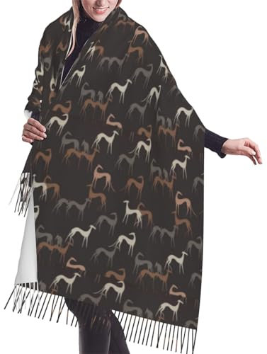 GRatka Schal, Windhunde braun, Unisex-Schal mit Fransen, groß, warm, weich, Kaschmir-Gefühl, Tücher, 196 x 68 cm