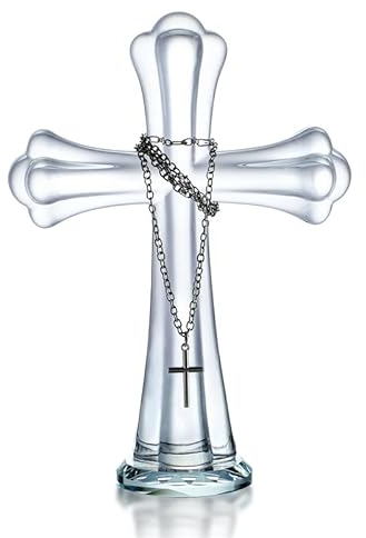 Klares Kristallkreuz stehend, Glas-Heiliges Kreuz Figur für Kirchengebet Heimdekoration, Kristallkreuz Ornament für Gebet, Gedenken, katholische Geschenke (inklusive Halskette)