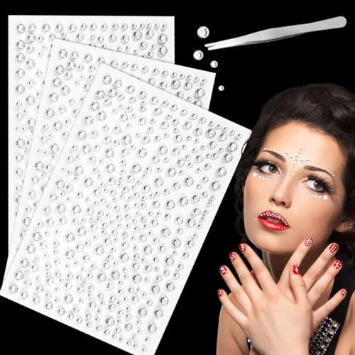 975 Pezzi Brillantini Make Up Adesivi Argento, FUKPO Glitter Strass Adesivo Viso Occhi Corpo Tatuaggi Temporanei Decorazioni Festival Piccoli, Cristalli Gemme Strass Autoadesivi con Pinzette