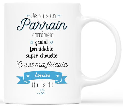𝗖𝗔𝗗𝗘𝗔𝗨 𝗣𝗟𝗨𝗦 Mug Personnalisé Prénom - Tasse Parrain et Filleule - Cadeau Baptême, Noël, Anniversaire Naissance Bébé, Mug Baptême, Marraine Parrain