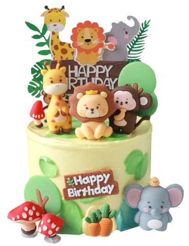 12Pcs Safari Animal Birthday Cake Toppers - Jungle Cake Decorations with Giraffe, Monkey, Tiger & Elephant