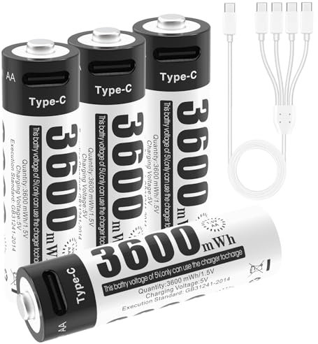 Batterie ricaricabili AA, 1,5 V, 3600 mWh, con cavo di ricarica tipo C 4 in 1 e custodia, confezione da 4