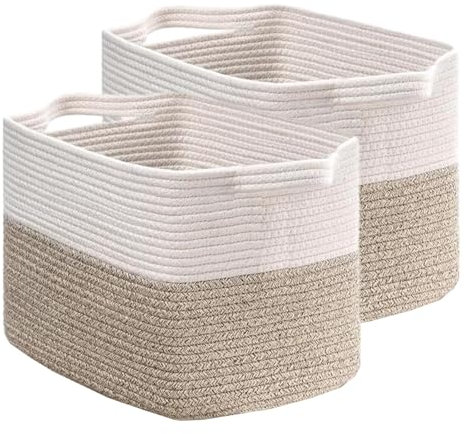 YOUNTHYE 2Pack Cotton Rope Storage Basket, Woven Baskets with Handles, Bathroom Storage Baskets Medium Rope Basket Set, Woven Storage Basket for Towel Blanket Toy Storage