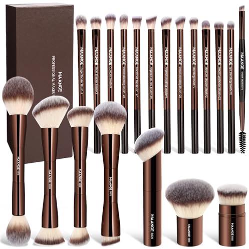 MAANGE 20 Pcs Makeup Brushes with Gift Box, Double-End Multi-functional Makeup Brushes for Blending Liquid Powder Concealer Cream Blush Buffe,CoffeeBrown