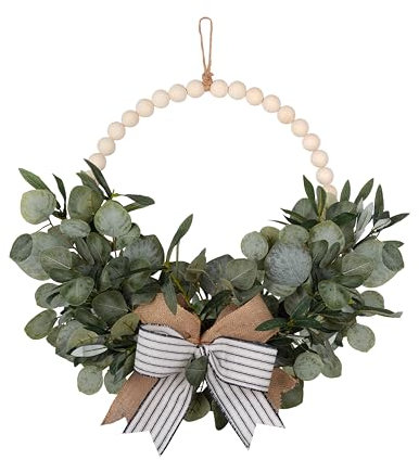 Artificial Green Eucalyptus and Wood Bead Wreath with Bow for Front Door, Beaded Greenery Boho Wreath for Spring Summer Year Round All Seasons Home Decor, 24 inches