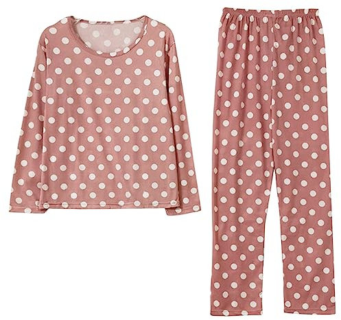 Generico Pigiama Donna Cotone Lunghi Donna Pigiama Noi di Notte con Motivo a Pois 2 Pezzi Top Manica Lunghe E Pantalone Lungo Biancheria da Notte Traspiranti Adatto per Tutto L’Anno Regali di Natale