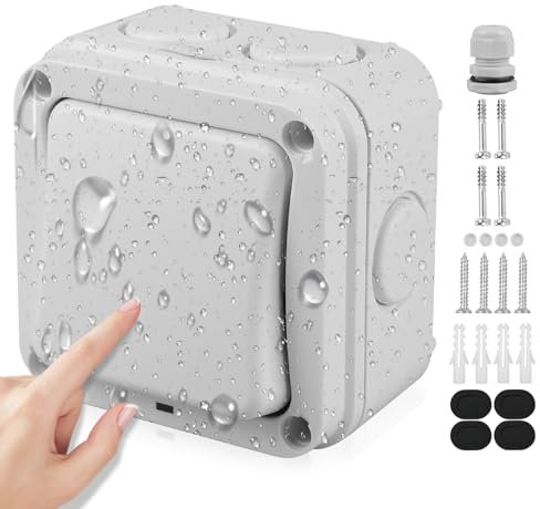 WIYETY Interrupteur universel résistant aux intempéries : 16 A IP66 Interrupteur étanche avec poussière, interrupteur indépendant et voyant lumineux, interrupteur extérieur gris, pour extérieur jardin