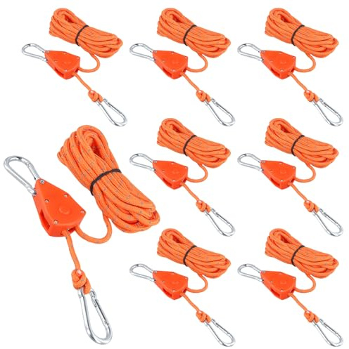 FUNSUEI 8 Stück Reflektierend Abspannseil mit Seilspanner 4 mm, 4 m Orange Seilratsche mit Haken, Seil Ratsche Hanger mit Karabiner für Camping