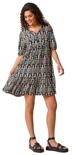Roman Originals Smock Dress for Women UK Ladies Cotton Summer Embroidered Frilled Tiered Casual Beach Cruise Holiday Cocktail Party 3/4 Sleeve Pull On Gathered Skirt - Aztec Noir - Size 10
