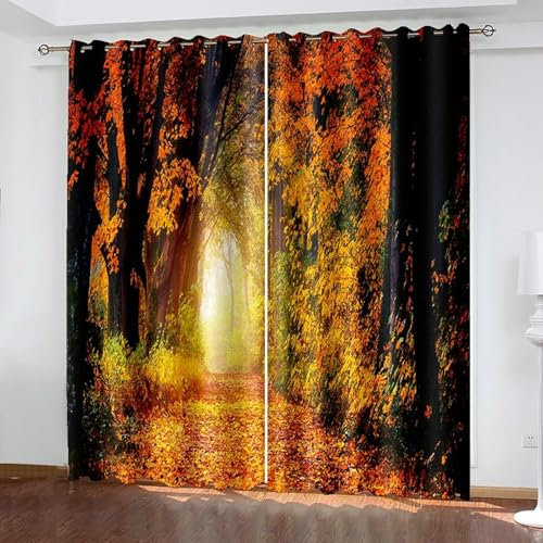 Beydodo Blickdichte Gardinen mit Ösen 2er Set 86x214CM, Verdunkelungsvorhänge Herbst Ahorn Wald und Pfad Gardinen Jugendzimmer Kinderzimmer Schlafzimmer