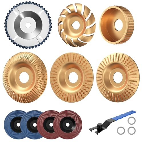 BURMONG 11PCS Holzschnittscheibe Set für Winkelschleifer, Holz Schleifscheiben, Frässcheibe, Klappe Schleifräder, Universalschlüssel & Adapteringe zum Schneiden, Schnitzen, Schleifen & Pol