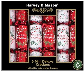 RSW Harvey & Mason 6 Mini 8.5 Crackers Floral Wreath – Elegant Christmas Table Crackers with Red Hotstamp Finish & Curling Ribbon – Includes Hats, Mottos & Mini Gifts