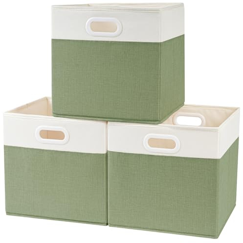 SOCOHOME Fabric Cube Storage Boxes,25x25x25cm Foldable Storage Baskets for Toys Nursery Closet(Green/White, Set of 3)