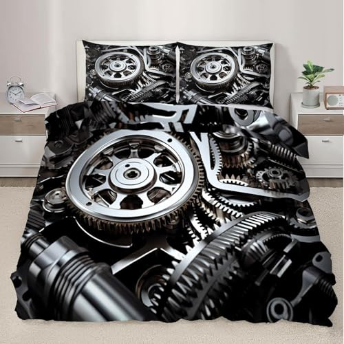 Bettwäsche 135x200 Mechanisches Getriebe Bettbezug Set Weich Mikrofaser Bettwäsche-Sets Industriestil Bettwäsche Set 3 Teilig 3D Druck Bettbezüge mit Reißverschluss und 2 Kissenbezüge D-2492