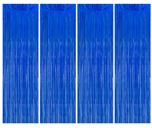 4 Stück Lametta Vorhang Blau, 1x2 m Metallischer Glitzer Vorhang Geburtstag | Folie Fransen Vorhänge, Glitzervorhang Lametta Blau für Geburtstagsdeko, Hochzeit, Disco, Fotowand & Bühnendekor