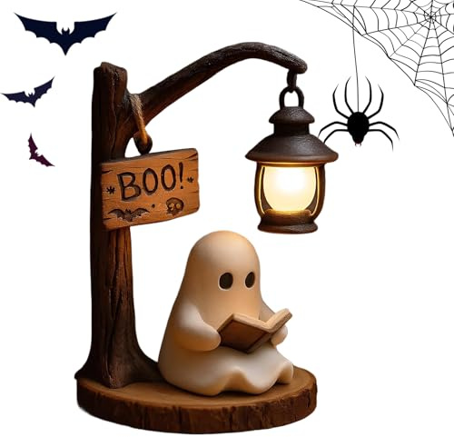 Hamosky Cute Ghost Reading Lamp, Halloween Ghost Reading Lantern with LED Light, 3D Resin Decorative Night Light with Boo Sign, 12cm Battery Powered Warm Glow Lamp for Home Decor