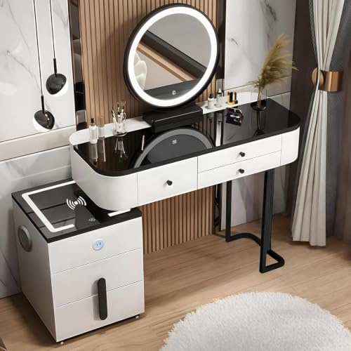 MJKCBD Schminktisch mit Glasplatte, Modern Frisiertisch mit 360° Drehbarer HD-Spiegel und Flexibler Seitenschran, 100cm Kosmetiktisch mit 5 Schubladen für Mädchen Schlafzimmer