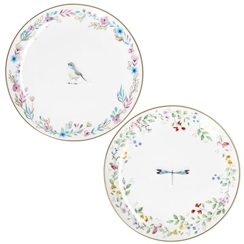 MamboCat Fancy Garden Vogel & Libelle 2er Set Kuchenteller I Porzellan I weiß mit Blumenranken & matt-Gold Akzenten I erhabenes Motiv, Frühling I Dessertteller, Frühstücksteller