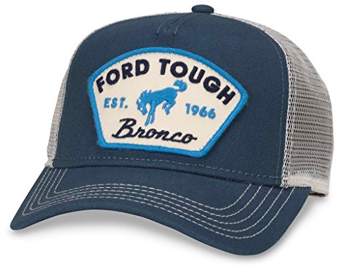 AMERICAN NEEDLE Valin Mesh Trucker Snapback Hat, Ford Bronco Tough, Ivory/Navy (FORD-1709A)