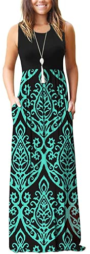 AUSELILY Damen Sommer Ärmelloses Lockeres Maxikleid Lässiges Langes Kleid mit Taschen Schwarz Grün L