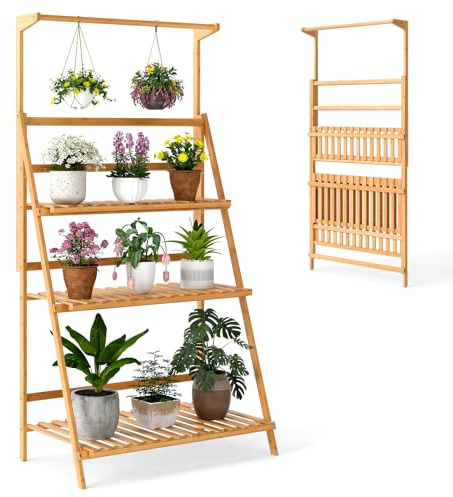 COSTWAY Porta Piante da Interno ed Esterno, Scaffale per Piante e Fiori a 3 Ripiani con Asta Rimovibile, Porta Vasi Pieghevole da Balcone, Giardino e Salotto, 71 x 40 x 144 cm
