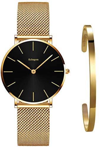 Kubagom Damen Uhren Analog Quarz Edelstahl Wasserdicht Mesh Ultradünne Set mit Armreif